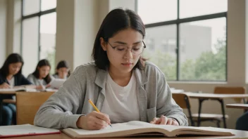 En person som studerer med bøker og notater, med en subtil bakgrunn av et universitet eller skole