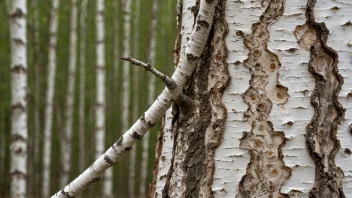 Et detaljert bilde av det ytre laget av barken på et bjørketre, med et tradisjonelt håndverk laget av det i bakgrunnen.