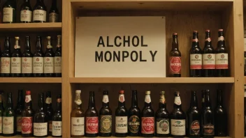 En statlig kontrollert vinmonopol med et skilt som indikerer dets monopol på alkoholsalg.