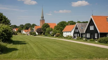 Et malerisk landsby i Danmark med tradisjonelle hus og en kirke.