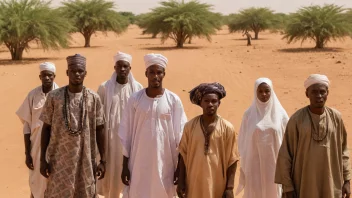 En gruppe mennesker fra Niger i tradisjonelle klær, med en bakgrunn av det nigerske landskapet.