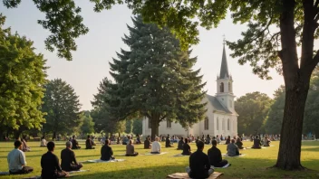 Et fredelig landskap med en kirke i bakgrunnen, omgitt av trær og noen mennesker som ber eller mediterer i forgrunnen.