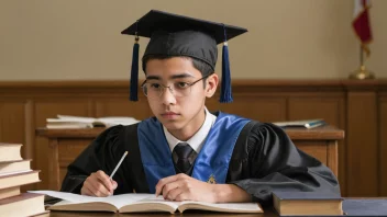 En student som studerer for avgangseksamen, med en eksamenshatt og diplom i bakgrunnen, som symboliserer viktigheten av avgangsfag.