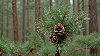 Et furutrær med lange, tynne nåler og brune kongler, som står høyt i en skog.