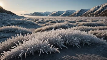 Et fredelig norsk landskap med et unikt frostfenomen i forgrunnen.