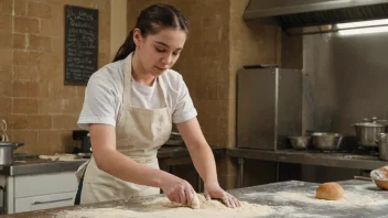 En ung bakerlærer som mikser deig i et bakeri