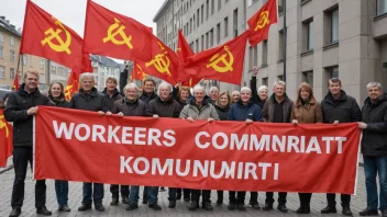 En gruppe mennesker som holder et banner med logoen til Arbeidernes Kommunistparti i Norge