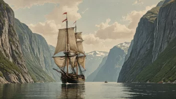 Et historisk seilskip med lasterom, som seiler gjennom en norsk fjord.