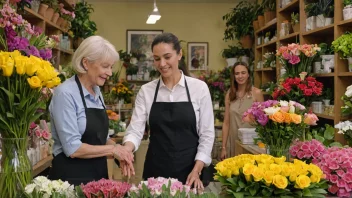 En fargerik blomsterforretning fylt med et utvalg av blomster, planter og gaveartikler, med en hjelpsom butikkeier som hjelper en kunde å velge en vakker bukett.