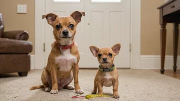 En liten hund står ved siden av en større hund, med et målebånd i bakgrunnen.