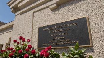 En minnefond-bygning med en plakett og blomster, til minne om ofrene for en tragedie.