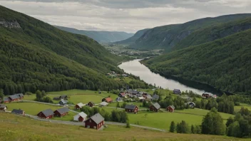 Et pittoreskt norsk landskap med en liten bosetning i det fjerne.