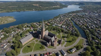 Panoramautsikt over Hamar by, som viser dens naturskjønne beliggenhet ved Mjøsa og historiske landemerker som Hamar domkirkeruiner.