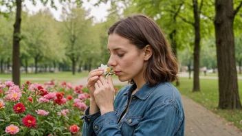 En person lukter en duftende blomst i en park.