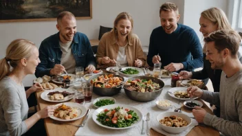 En gruppe mennesker fra ulike nordiske land samlet rundt et bord, deler mat og ler sammen, symboliserer den felles kulturen og samfunnet i de nordiske landene.