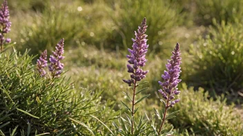 En gressløs plante med små, klokkeformede blomster og nålelignende blader som vokser i en gressmark.