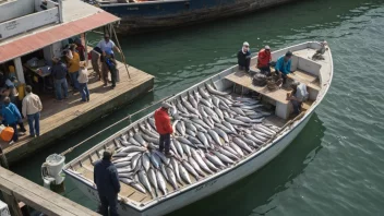 En fiskebåt som bringer inn en fangst til en kai.