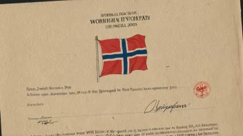 Et bilde av et dokument med en rød segl og et norsk flagg i bakgrunnen.