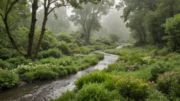 Et fredelig og levende landskap med en variasjon av planteliv, omgitt av en mystisk atmosfære.