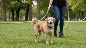 En person som holder en ledesnor med en hund på andre siden, i en park eller treningssetting.