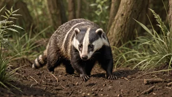 En europeisk grevling i sin naturlige habitat, med sine karakteristiske hvite striper og gravende atferd.