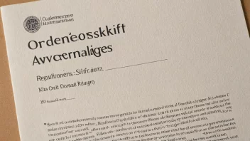 En illustrasjon av et dokument med tittelen 'Ordensforskrift' og undertittelen 'Regulering av ordensregler' i en formell skrift.