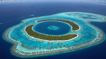 En korallatoll med en lagune i sentrum, omgitt av en ring av korallrev og øyer.