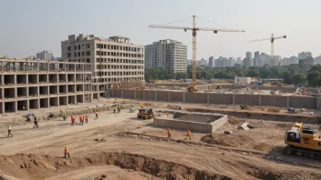 En byggeplass med en gjenoppbygd bygning i bakgrunnen, og noen arbeidere i forgrunnen.