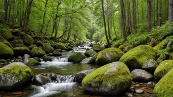 Et lite bekkeløp i en norsk skog, omgitt av frodig grønn vegetasjon og noen steiner eller steinblokker langs elvebredden.