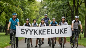 En gruppe mennesker sykler sammen i en park, med et banner som leser 'Sykkeluke' i bakgrunnen.