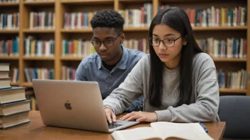 En person som studerer med en laptop og bøker, med en subtil bakgrunn av et universitet eller skole.