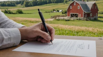 En person som signerer et dokument, med en gård eller eiendom i bakgrunnen.