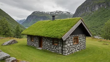 En steinhytte med torvtak, omgitt av fjell og trær.