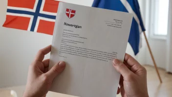 En person som holder et dokument med et norsk flagg i bakgrunnen, som representerer innvandring til Norge