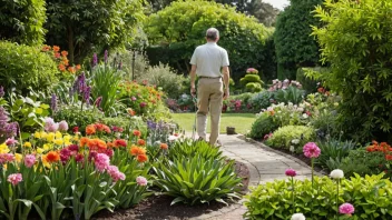 En vakker hage med en variasjon av planter og blomster, med en gartner som arbeider i bakgrunnen.