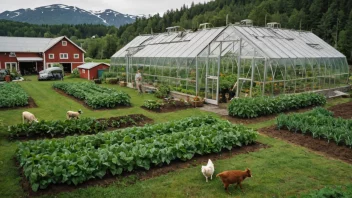 Et norsk gårdsbruk med fokus på dyrehold og planteproduksjon.