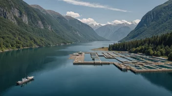 Et oppdrettsanlegg i en fjord med en båt i forgrunnen.