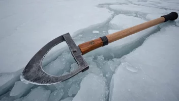 En person som bruker en isøks til å bryte opp is på en frossen innsjø.