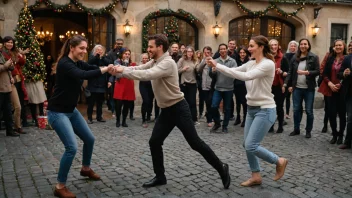 En livlig scene av mennesker som nyter en tradisjonell norsk danseform, brusteinsball, med brustein.