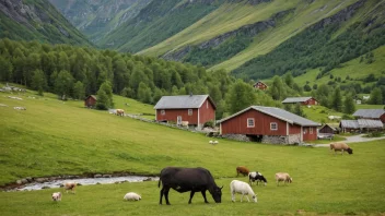 En tradisjonell norsk fjellgård med dyr som beiter i åsene rundt.