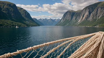 Et tradisjonelt norsk fiskegarn, kjent som en ladd, henger fra en treramme med en naturskjønn norsk fjord i bakgrunnen.