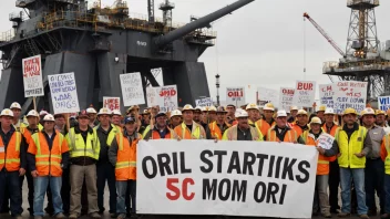 En gruppe oljearbeidere i streik, som holder skilt og protesterer foran en oljeplattform.