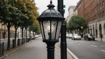 En lampe med en beskyttende dekning, med en bygate i bakgrunnen.