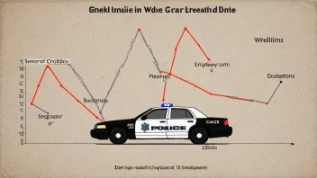 En graf som viser en bølge av innbrudd i et bestemt område, med en politibil i bakgrunnen.