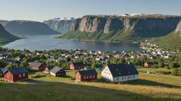 Et pittoreskt norsk landskap med en liten landsby eller by i bakgrunnen, og et skilt eller en bygning med navnet 'Åhlberg' i forgrunnen.