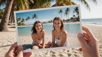 En person som ser på gamle fotografier fra ferien sin, med et smil på ansiktet, omgitt av palmer og en strand i bakgrunnen.