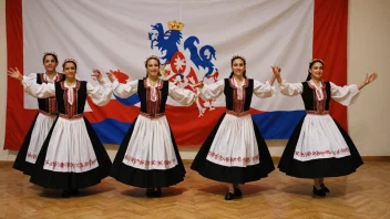 En gruppe mennesker i tradisjonelle serbiske klær danser foran et serbisk flagg.