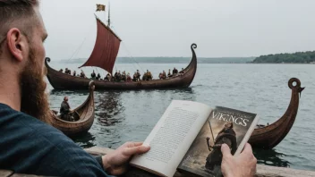 En person som leser en bok om vikinger, med et vikingskip i bakgrunnen.