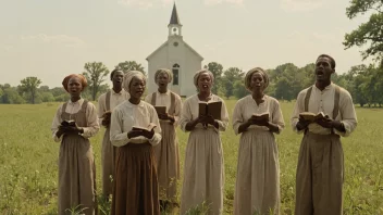 En gruppe afroamerikanske slaver synger spirituals i en åker, med en diskret bilde av en kirke i bakgrunnen.