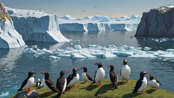 En gruppe alkefugler, inkludert lunde, teist og alkekonge, i sitt naturlige habitat.